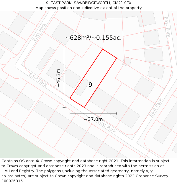 9, EAST PARK, SAWBRIDGEWORTH, CM21 9EX: Plot and title map
