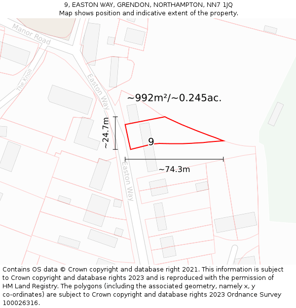 9, EASTON WAY, GRENDON, NORTHAMPTON, NN7 1JQ: Plot and title map