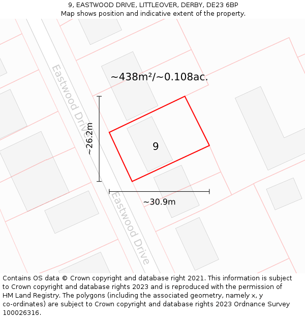 9, EASTWOOD DRIVE, LITTLEOVER, DERBY, DE23 6BP: Plot and title map