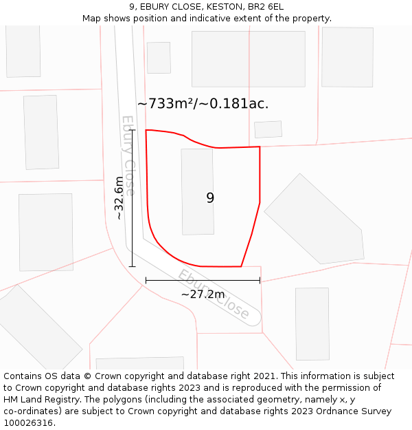 9, EBURY CLOSE, KESTON, BR2 6EL: Plot and title map