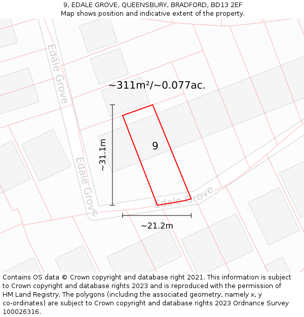 9, EDALE GROVE, QUEENSBURY, BRADFORD, BD13 2EF: Plot and title map