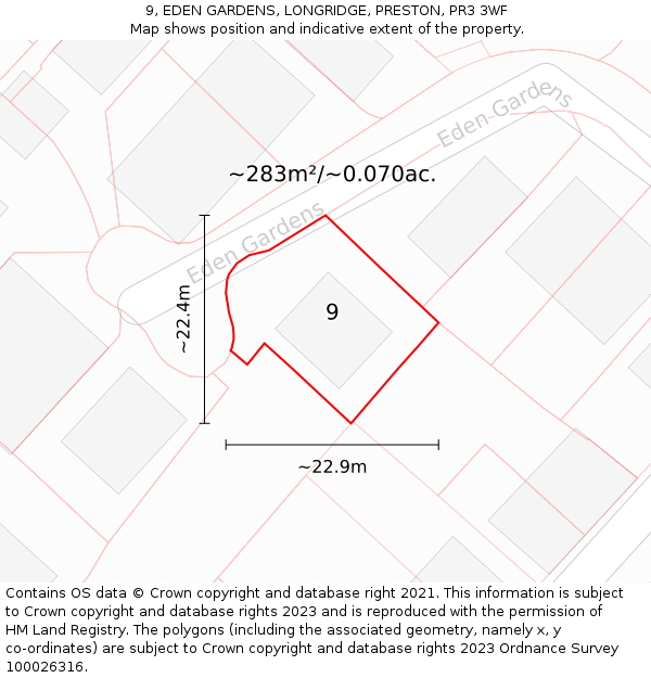9, EDEN GARDENS, LONGRIDGE, PRESTON, PR3 3WF: Plot and title map