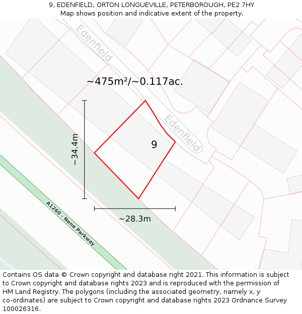 9, EDENFIELD, ORTON LONGUEVILLE, PETERBOROUGH, PE2 7HY: Plot and title map