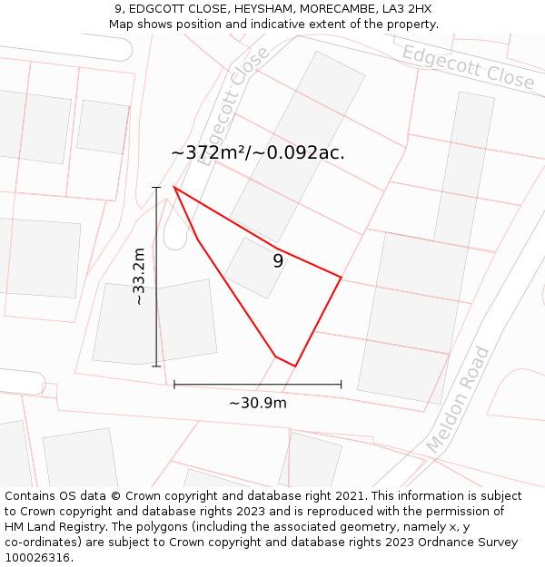 9, EDGCOTT CLOSE, HEYSHAM, MORECAMBE, LA3 2HX: Plot and title map