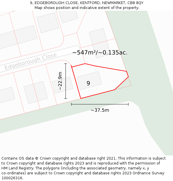 9, EDGEBOROUGH CLOSE, KENTFORD, NEWMARKET, CB8 8QY: Plot and title map