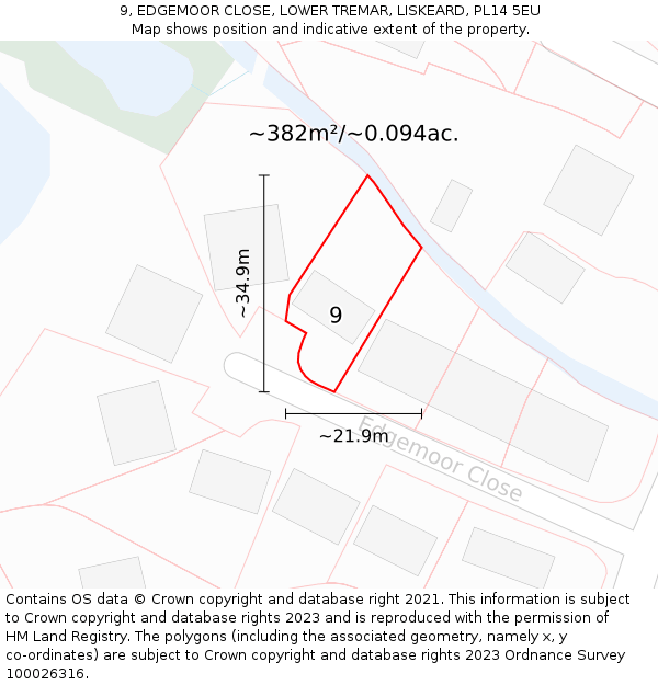 9, EDGEMOOR CLOSE, LOWER TREMAR, LISKEARD, PL14 5EU: Plot and title map