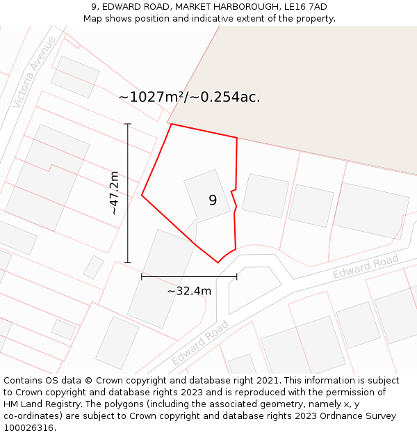 9, EDWARD ROAD, MARKET HARBOROUGH, LE16 7AD: Plot and title map
