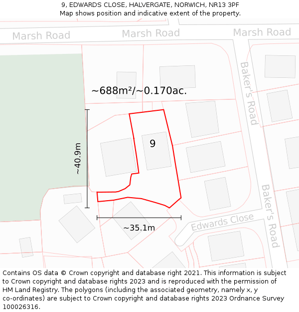 9, EDWARDS CLOSE, HALVERGATE, NORWICH, NR13 3PF: Plot and title map