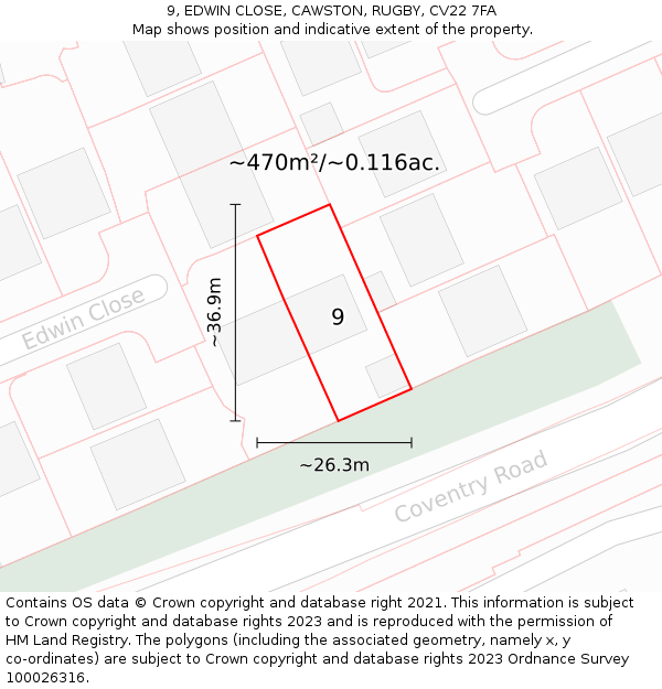 9, EDWIN CLOSE, CAWSTON, RUGBY, CV22 7FA: Plot and title map
