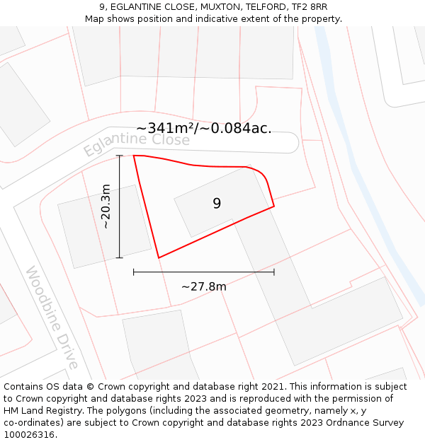 9, EGLANTINE CLOSE, MUXTON, TELFORD, TF2 8RR: Plot and title map