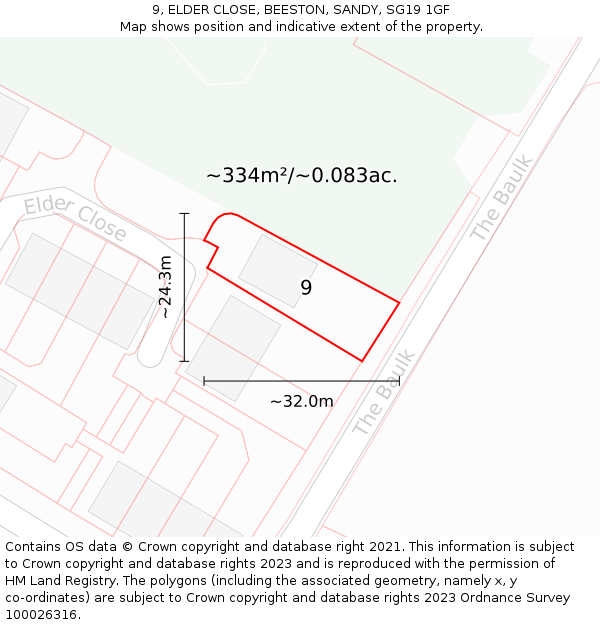9, ELDER CLOSE, BEESTON, SANDY, SG19 1GF: Plot and title map