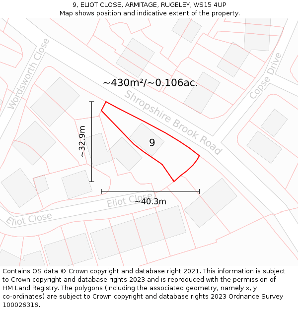9, ELIOT CLOSE, ARMITAGE, RUGELEY, WS15 4UP: Plot and title map