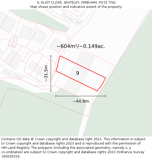 9, ELIOT CLOSE, WHITELEY, FAREHAM, PO15 7NQ: Plot and title map
