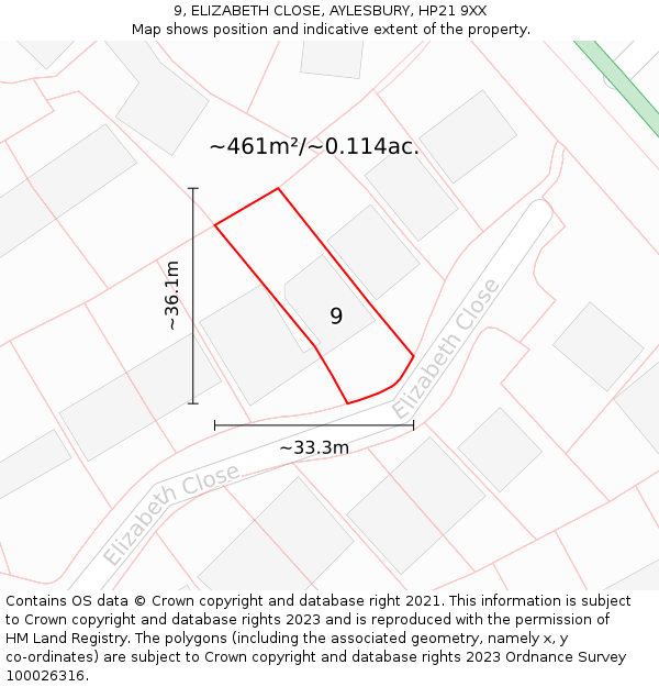 9, ELIZABETH CLOSE, AYLESBURY, HP21 9XX: Plot and title map