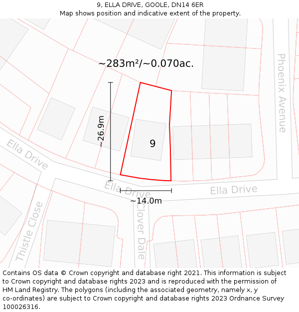 9, ELLA DRIVE, GOOLE, DN14 6ER: Plot and title map