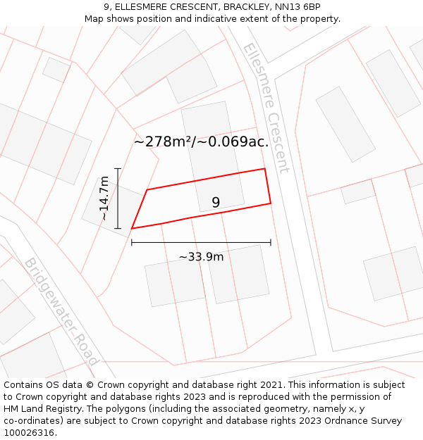9, ELLESMERE CRESCENT, BRACKLEY, NN13 6BP: Plot and title map