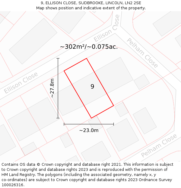 9, ELLISON CLOSE, SUDBROOKE, LINCOLN, LN2 2SE: Plot and title map