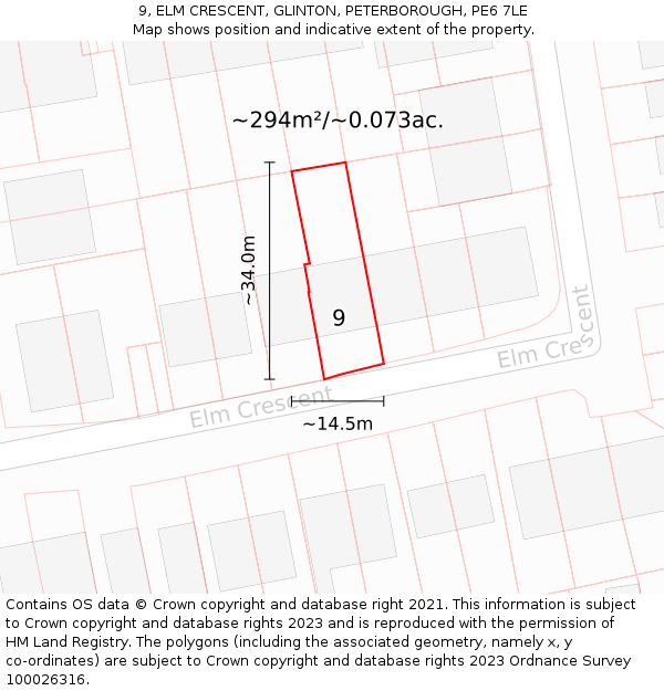 9, ELM CRESCENT, GLINTON, PETERBOROUGH, PE6 7LE: Plot and title map