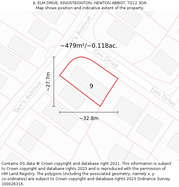 9, ELM DRIVE, KINGSTEIGNTON, NEWTON ABBOT, TQ12 3DA: Plot and title map