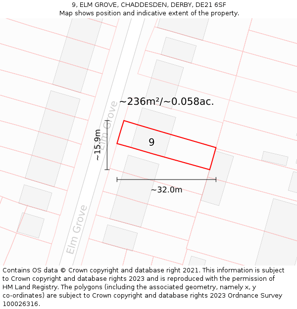 9, ELM GROVE, CHADDESDEN, DERBY, DE21 6SF: Plot and title map