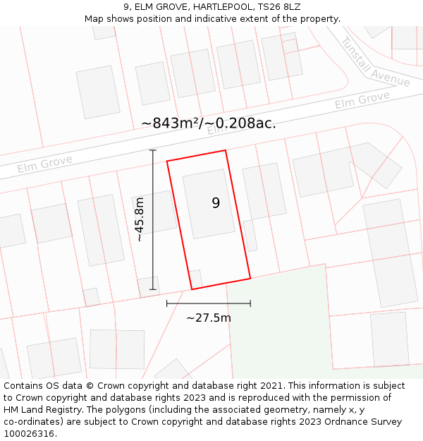 9, ELM GROVE, HARTLEPOOL, TS26 8LZ: Plot and title map