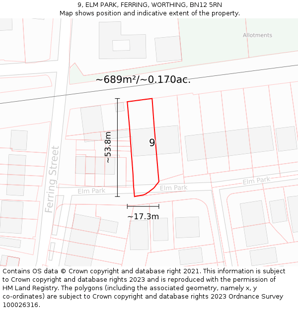 9, ELM PARK, FERRING, WORTHING, BN12 5RN: Plot and title map