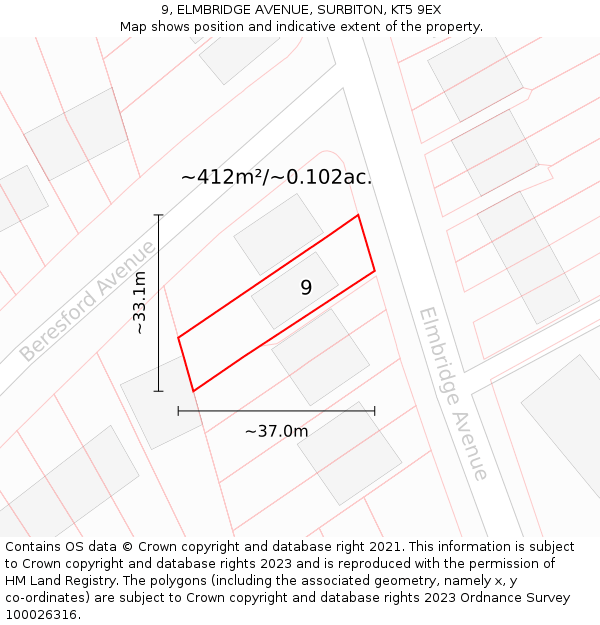 9, ELMBRIDGE AVENUE, SURBITON, KT5 9EX: Plot and title map