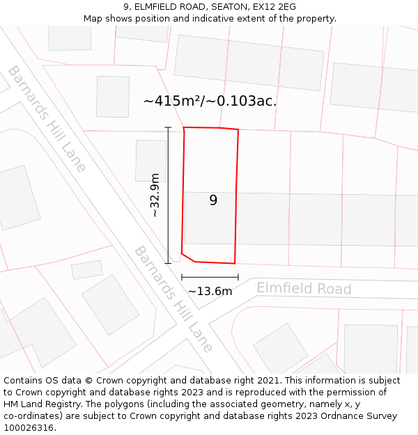 9, ELMFIELD ROAD, SEATON, EX12 2EG: Plot and title map