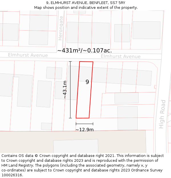 9, ELMHURST AVENUE, BENFLEET, SS7 5RY: Plot and title map