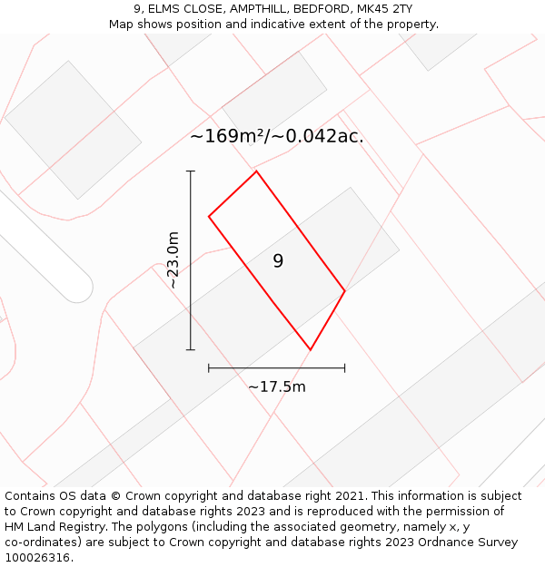9, ELMS CLOSE, AMPTHILL, BEDFORD, MK45 2TY: Plot and title map