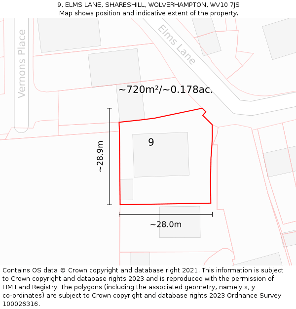 9, ELMS LANE, SHARESHILL, WOLVERHAMPTON, WV10 7JS: Plot and title map