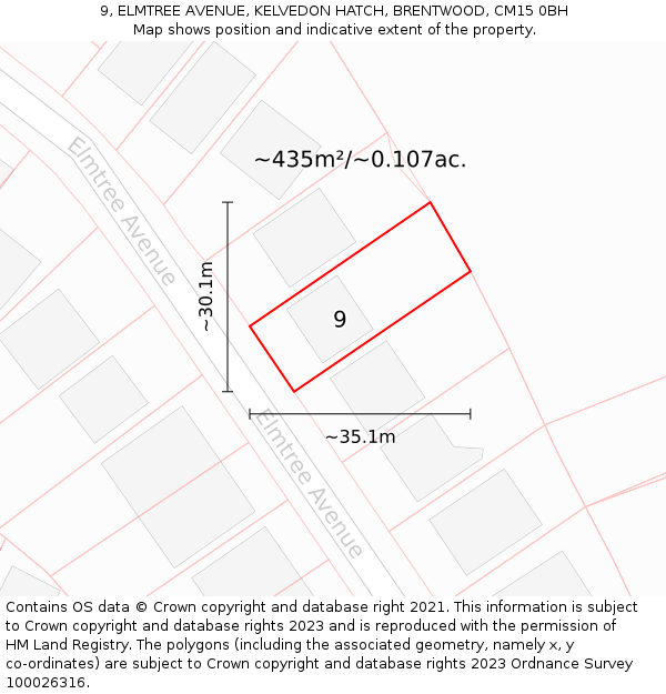 9, ELMTREE AVENUE, KELVEDON HATCH, BRENTWOOD, CM15 0BH: Plot and title map