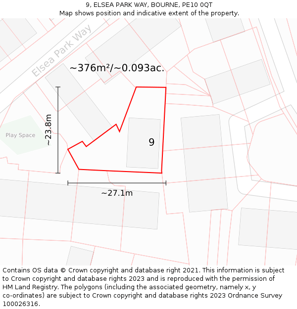 9, ELSEA PARK WAY, BOURNE, PE10 0QT: Plot and title map