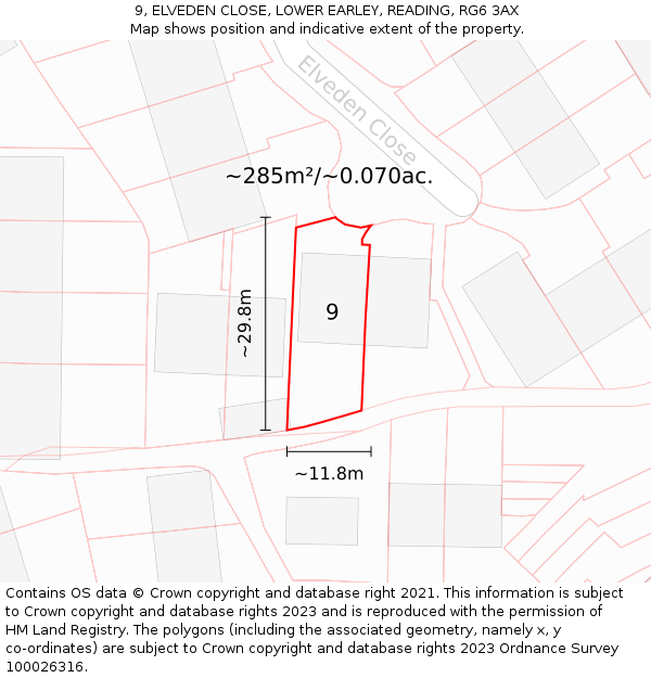 9, ELVEDEN CLOSE, LOWER EARLEY, READING, RG6 3AX: Plot and title map
