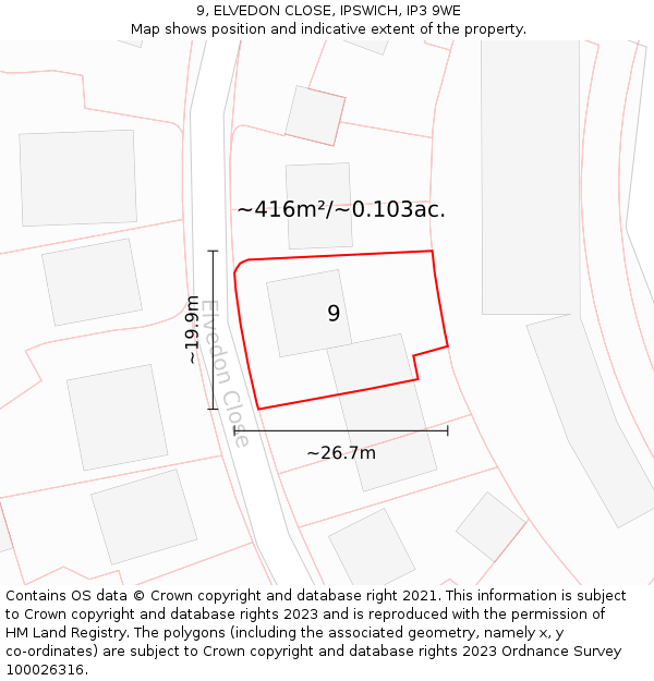 9, ELVEDON CLOSE, IPSWICH, IP3 9WE: Plot and title map