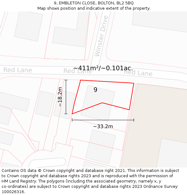 9, EMBLETON CLOSE, BOLTON, BL2 5BQ: Plot and title map