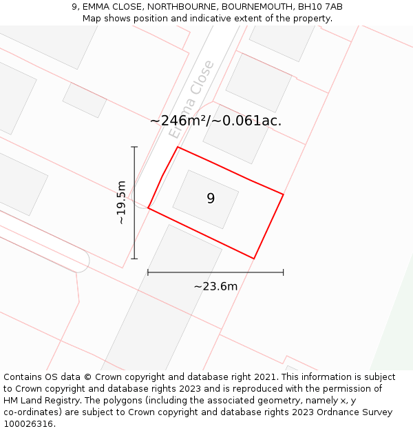 9, EMMA CLOSE, NORTHBOURNE, BOURNEMOUTH, BH10 7AB: Plot and title map