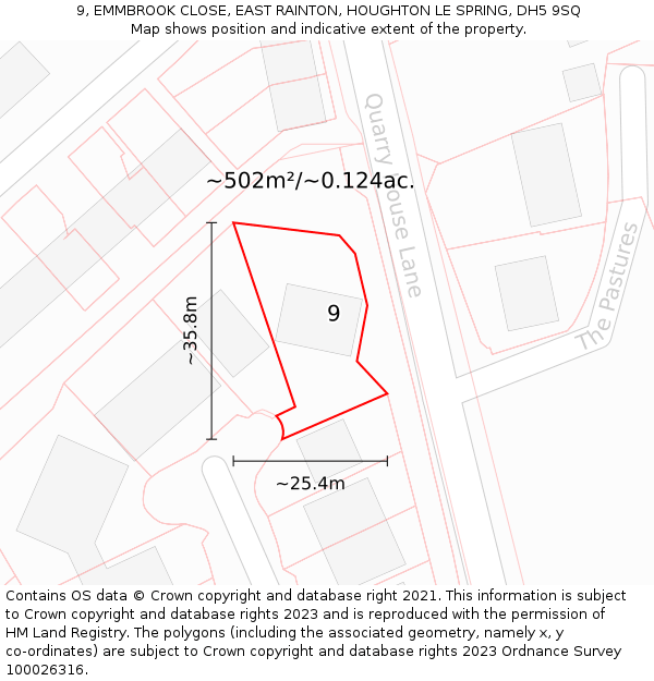 9, EMMBROOK CLOSE, EAST RAINTON, HOUGHTON LE SPRING, DH5 9SQ: Plot and title map