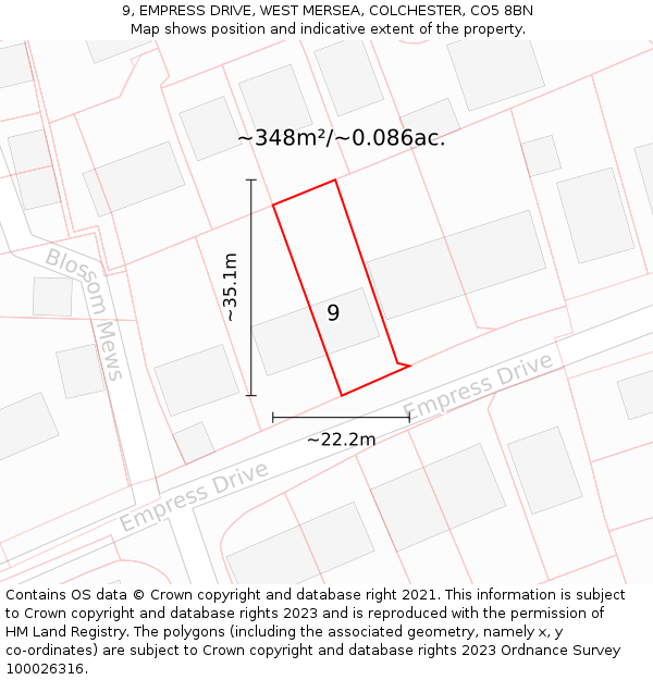 9, EMPRESS DRIVE, WEST MERSEA, COLCHESTER, CO5 8BN: Plot and title map