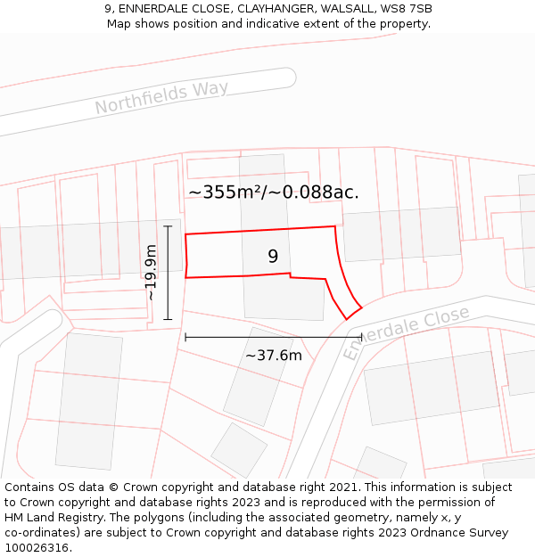 9, ENNERDALE CLOSE, CLAYHANGER, WALSALL, WS8 7SB: Plot and title map
