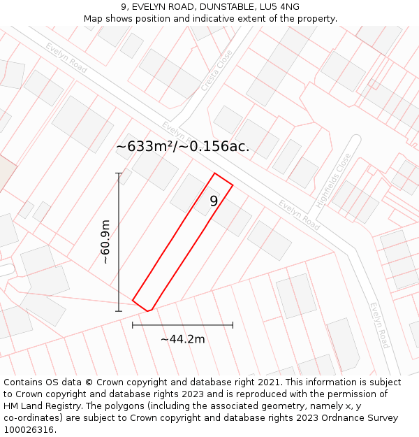 9, EVELYN ROAD, DUNSTABLE, LU5 4NG: Plot and title map