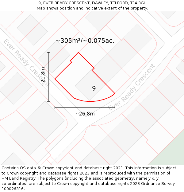 9, EVER READY CRESCENT, DAWLEY, TELFORD, TF4 3GL: Plot and title map