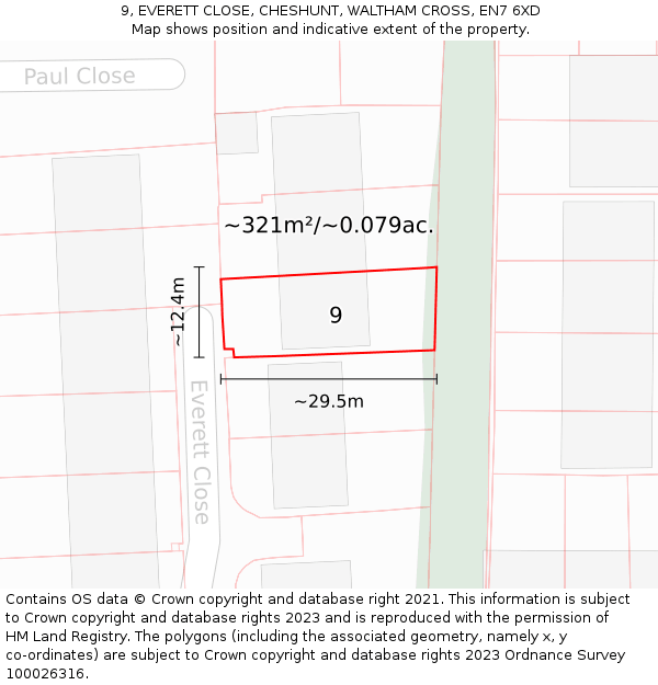 9, EVERETT CLOSE, CHESHUNT, WALTHAM CROSS, EN7 6XD: Plot and title map