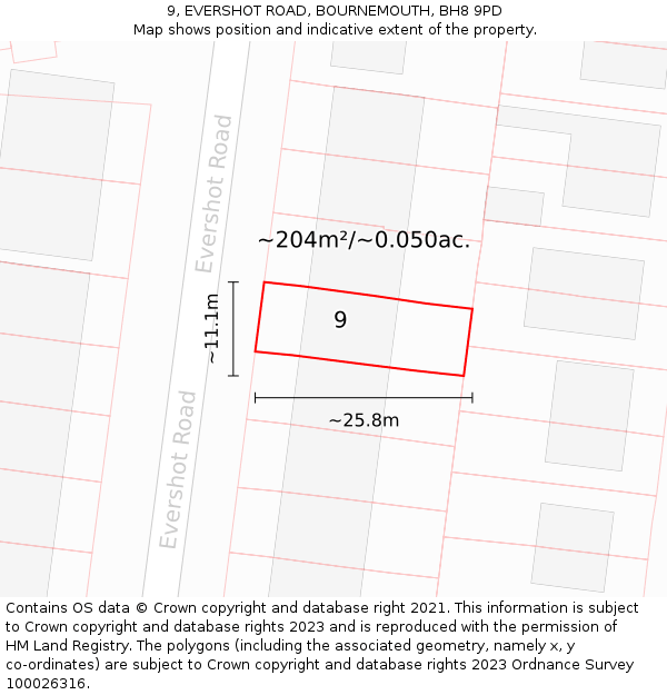 9, EVERSHOT ROAD, BOURNEMOUTH, BH8 9PD: Plot and title map