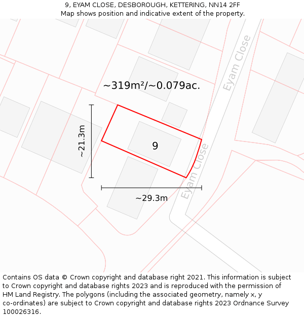 9, EYAM CLOSE, DESBOROUGH, KETTERING, NN14 2FF: Plot and title map