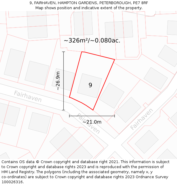 9, FAIRHAVEN, HAMPTON GARDENS, PETERBOROUGH, PE7 8RF: Plot and title map