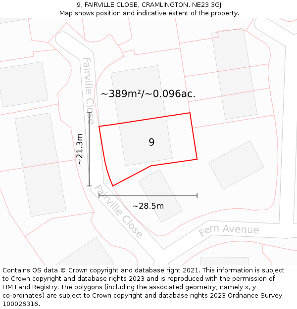 9, FAIRVILLE CLOSE, CRAMLINGTON, NE23 3GJ: Plot and title map