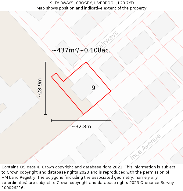 9, FAIRWAYS, CROSBY, LIVERPOOL, L23 7YD: Plot and title map