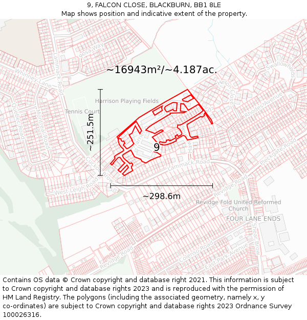 9, FALCON CLOSE, BLACKBURN, BB1 8LE: Plot and title map