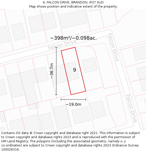 9, FALCON DRIVE, BRANDON, IP27 0UD: Plot and title map